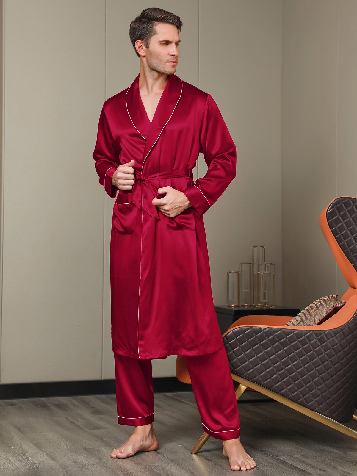 [Wine] SilkSilky-CA 19Momme Pure Silk Long Sleeve Lapel Men's Robe 006