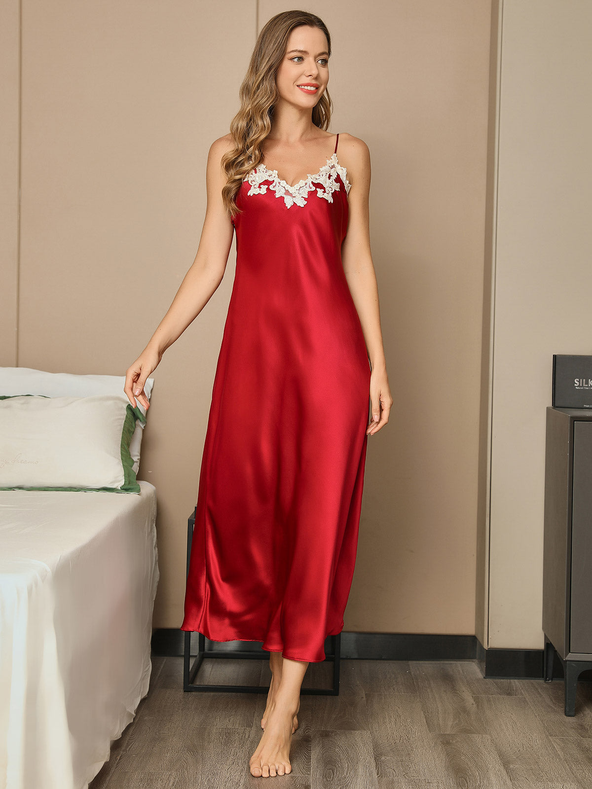 [Wine] SilkSilky-CA 19Momme Pure Silk Sleeveless V Neck Dress 003