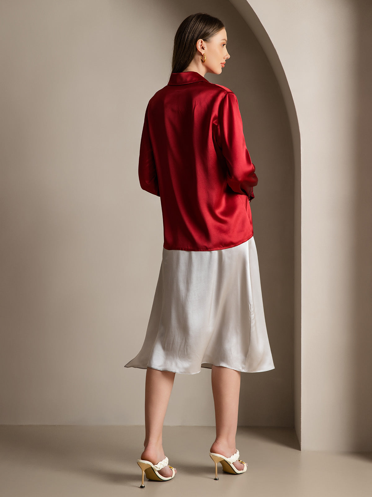 [Wine] SilkSilky-CA 19Momme Silk Lapel Collar Women's Shirt 002