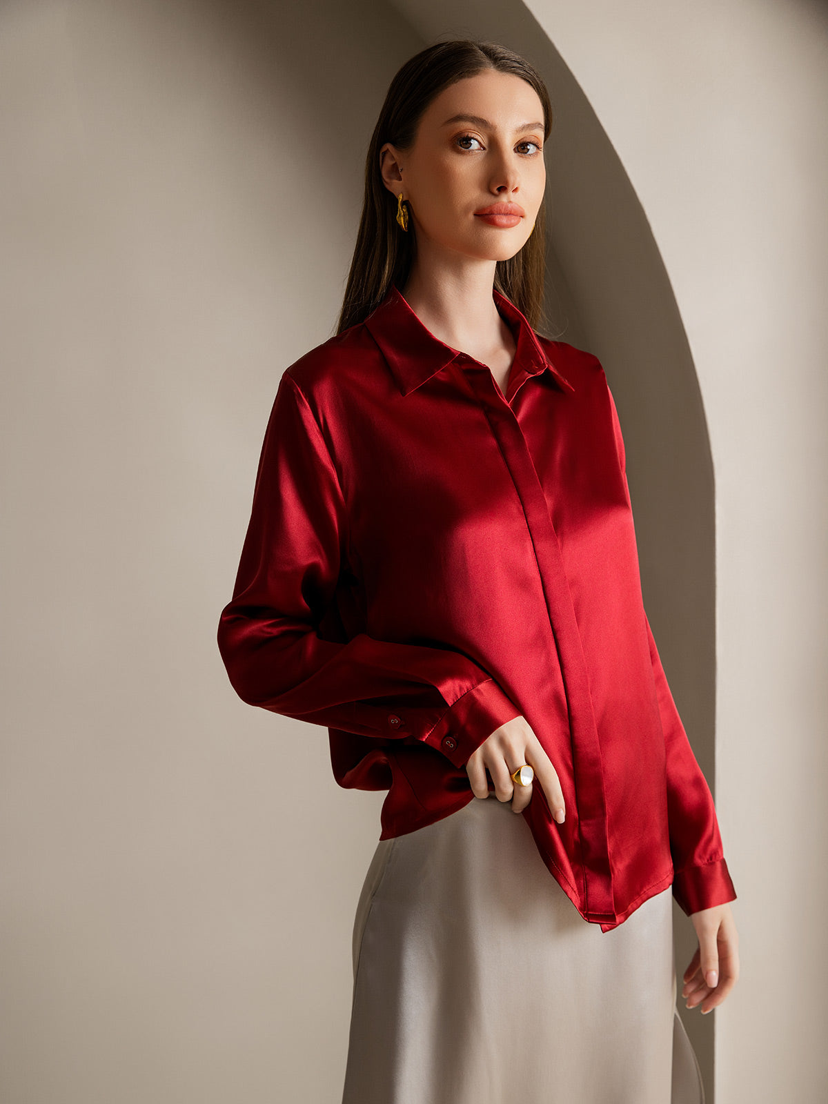 [Wine] SilkSilky-CA 19Momme Silk Lapel Collar Women's Shirt 003