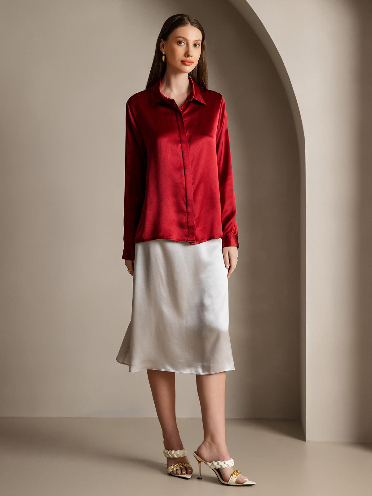 [Wine] SilkSilky-CA 19Momme Silk Lapel Collar Women's Shirt 004