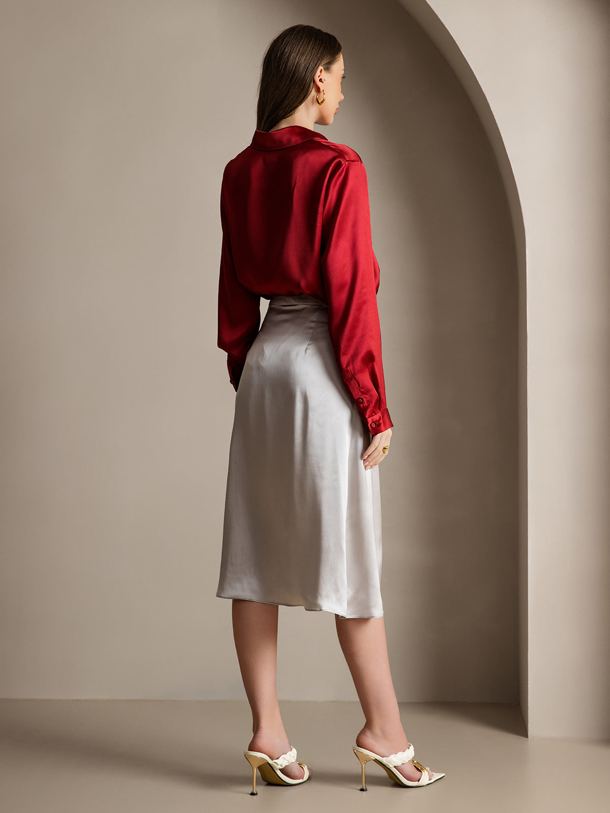 [Wine] SilkSilky-CA 19Momme Silk Lapel Collar Women's Shirt 005
