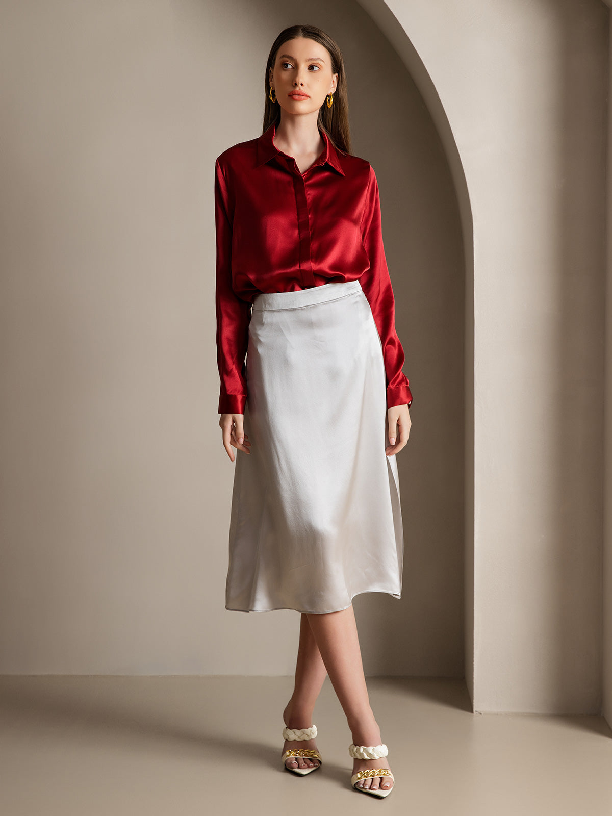 [Wine] SilkSilky-CA 19Momme Silk Lapel Collar Women's Shirt 006
