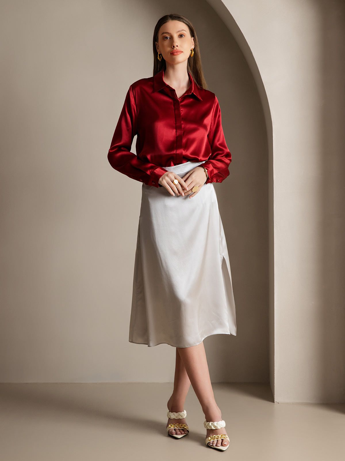 [Wine] SilkSilky-CA 19Momme Silk Lapel Collar Women's Shirt 007