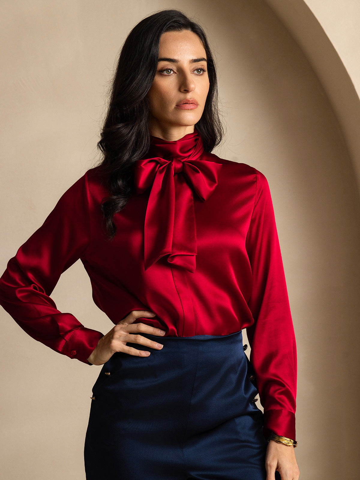 [Wine] SilkSilky-CA 19Momme Silk Long Sleeve Tie Neck Women's Shirt 001