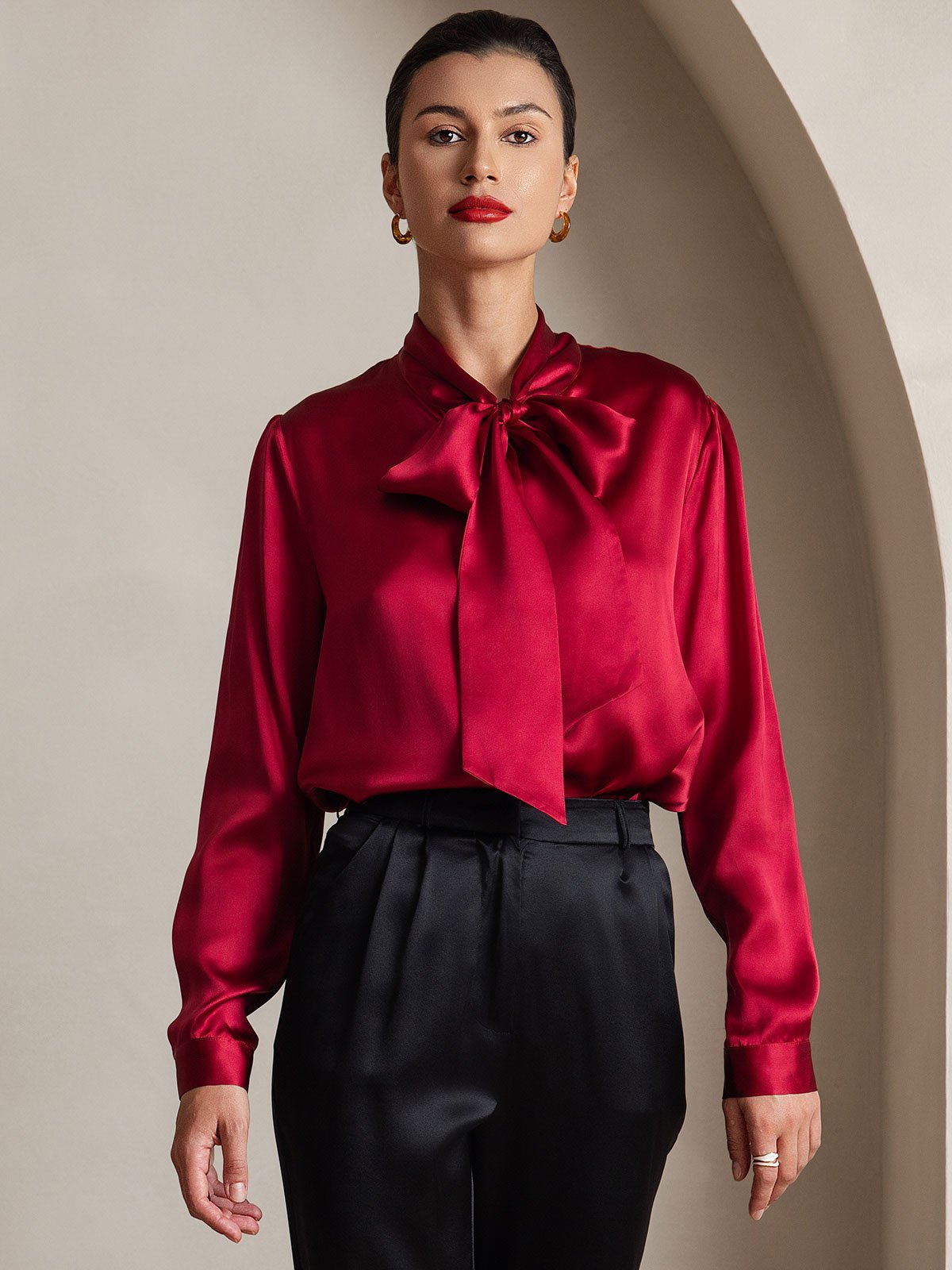 [Wine] SilkSilky-CA 19Momme Silk Long Sleeve Tie Neck Women's Shirt 001