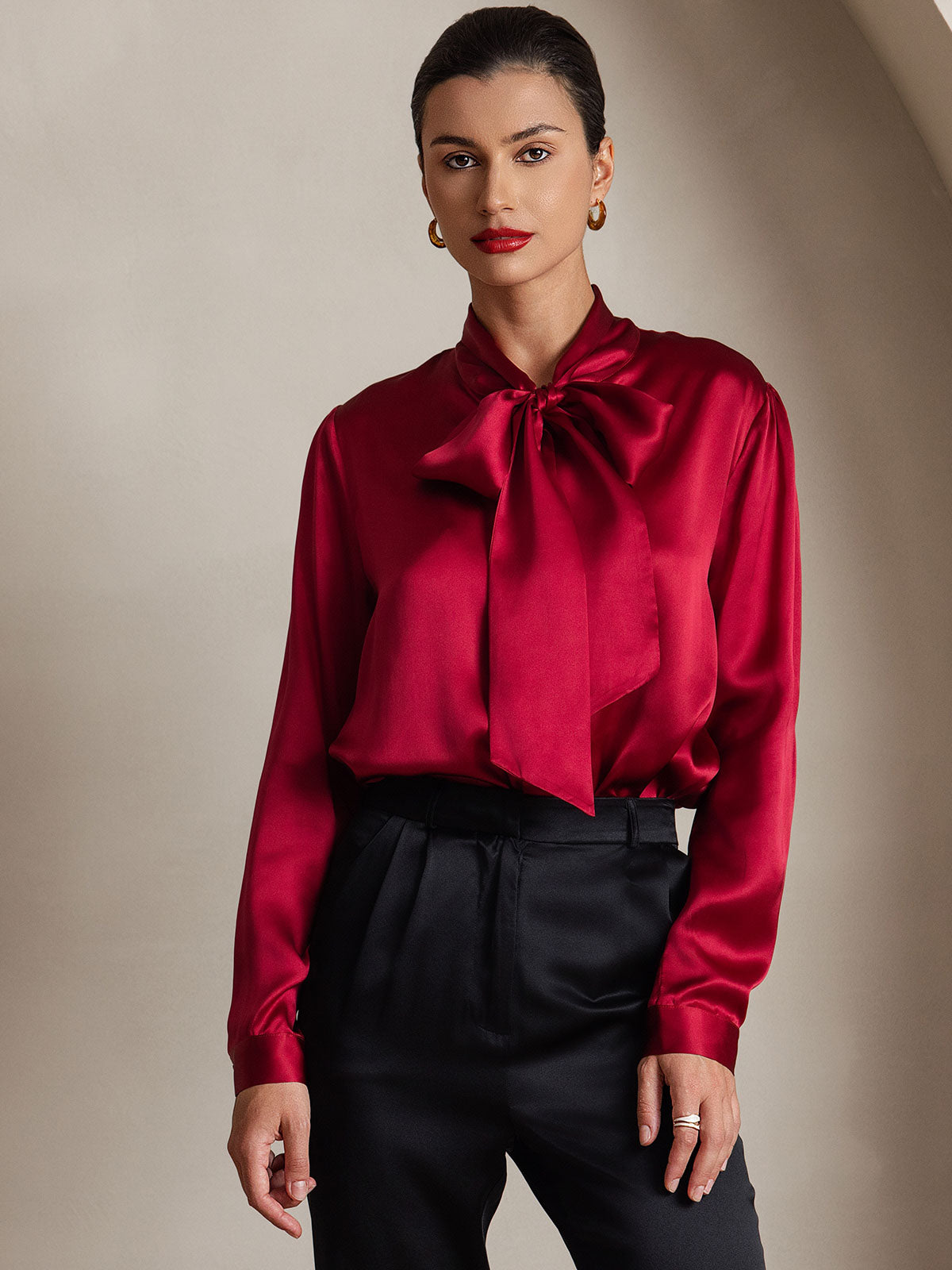 [Wine] SilkSilky-CA 19Momme Silk Long Sleeve Tie Neck Women's Shirt 001