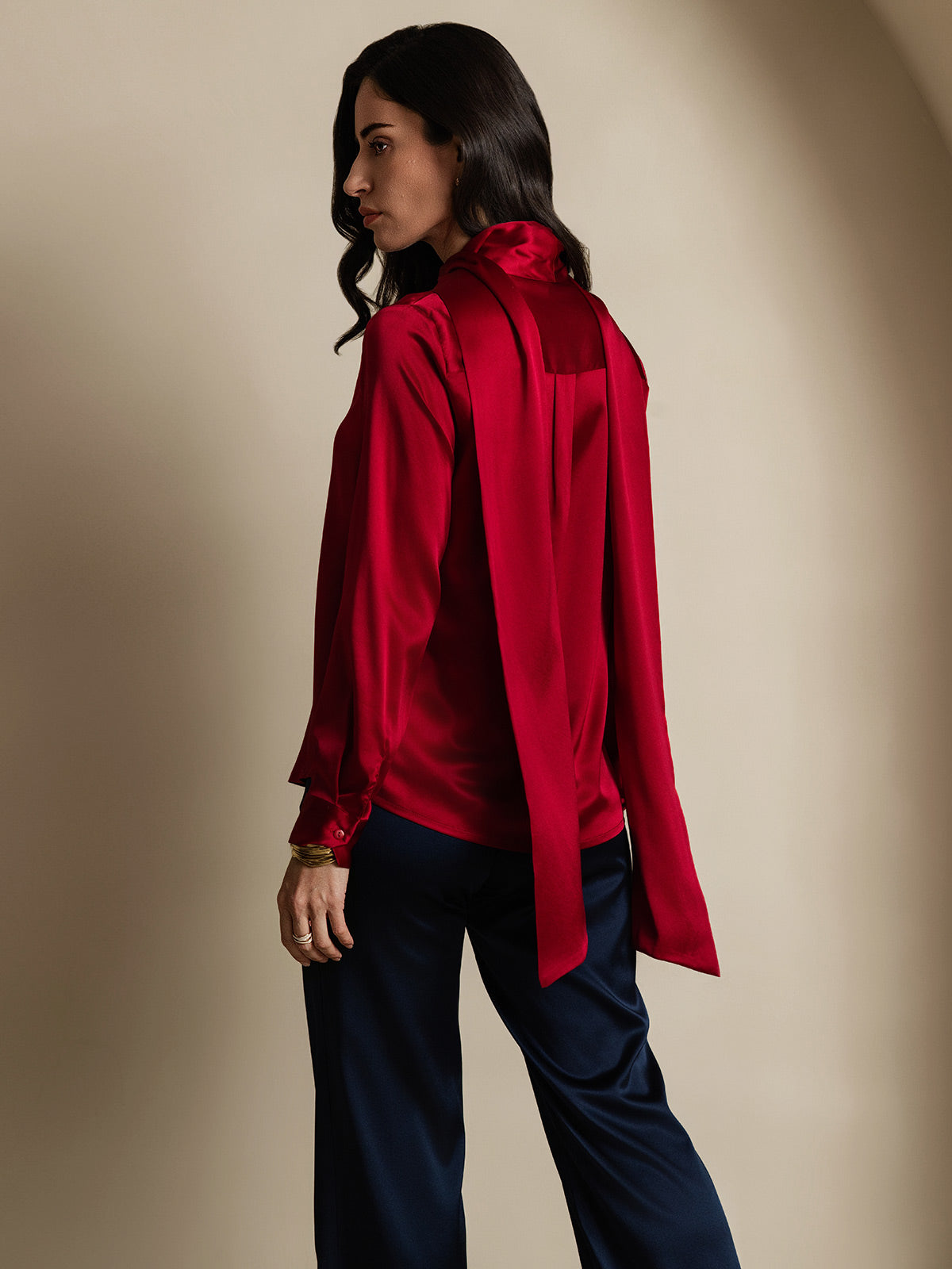 [Wine] SilkSilky-CA 19Momme Silk Long Sleeve Tie Neck Women's Shirt 002