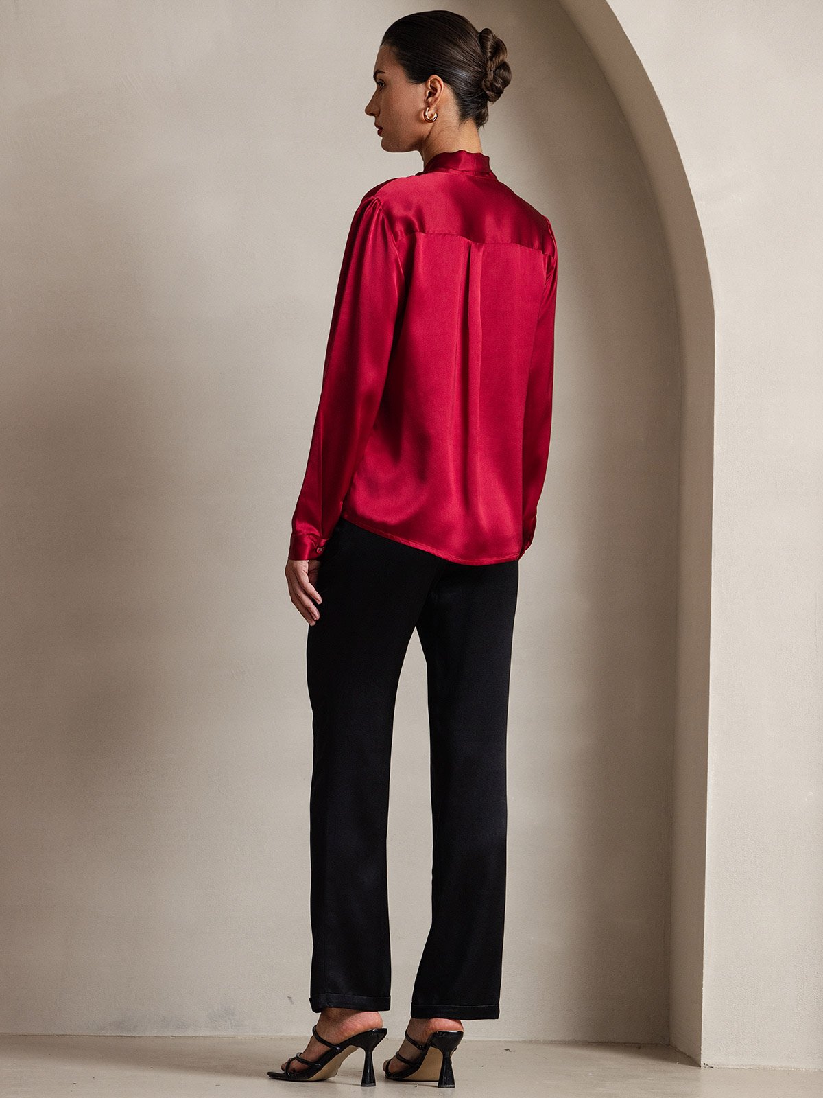[Wine] SilkSilky-CA 19Momme Silk Long Sleeve Tie Neck Women's Shirt 002