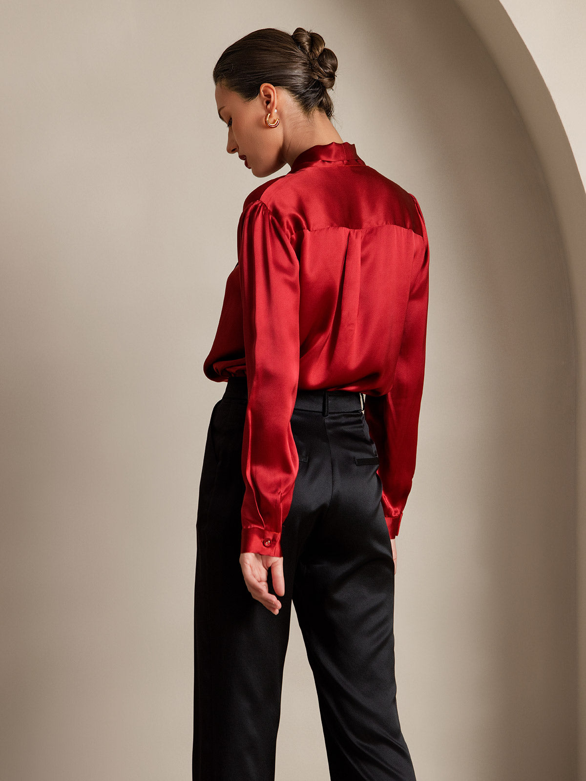 [Wine] SilkSilky-CA 19Momme Silk Long Sleeve Tie Neck Women's Shirt 002