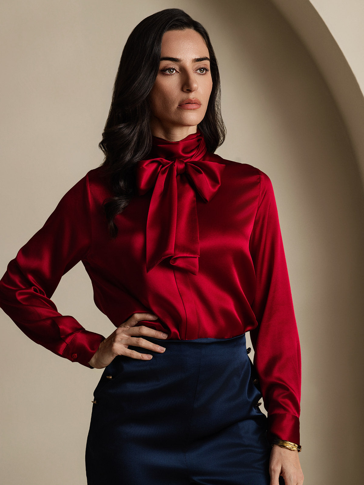 [Wine] SilkSilky-CA 19Momme Silk Long Sleeve Tie Neck Women's Shirt 003