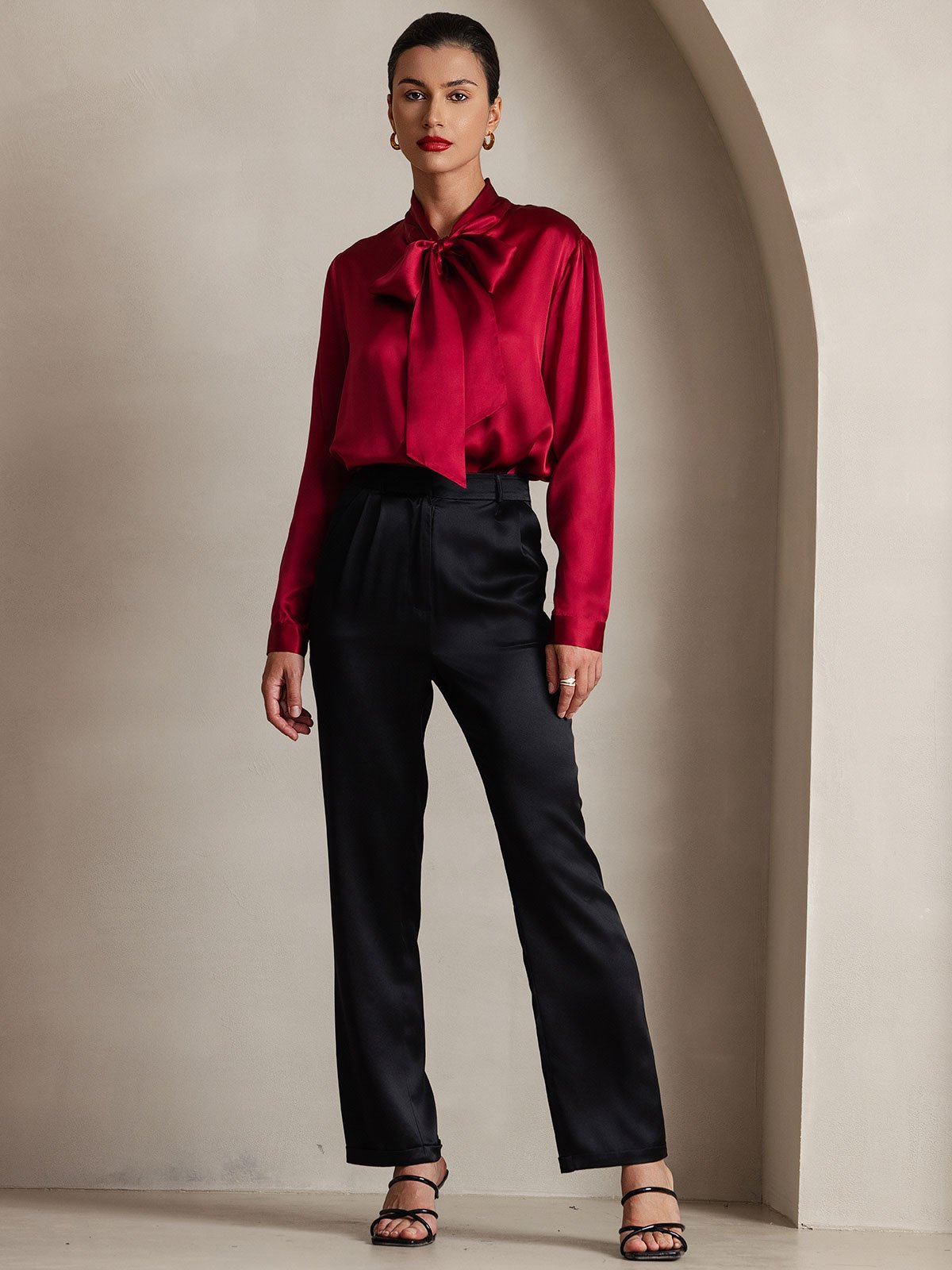 [Wine] SilkSilky-CA 19Momme Silk Long Sleeve Tie Neck Women's Shirt 003