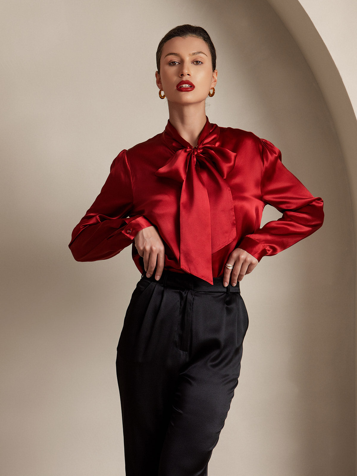 [Wine] SilkSilky-CA 19Momme Silk Long Sleeve Tie Neck Women's Shirt 003