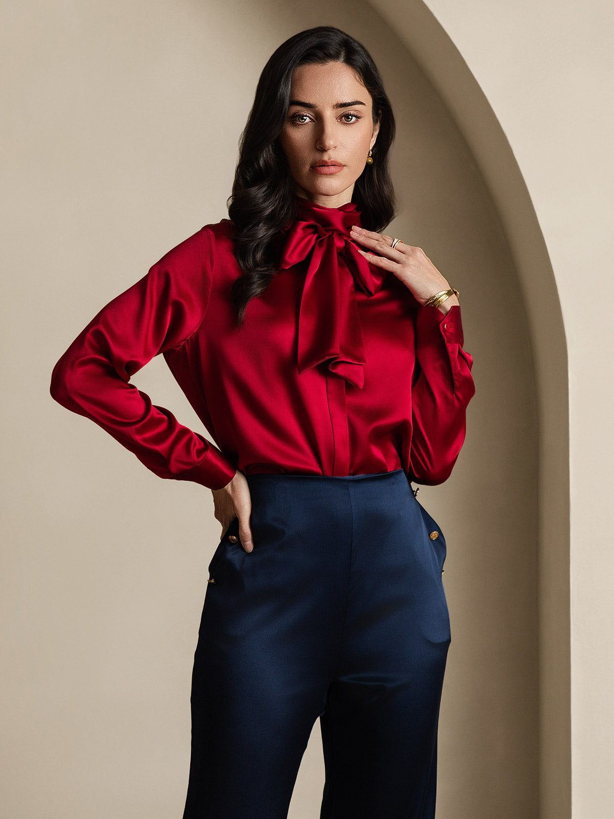 [Wine] SilkSilky-CA 19Momme Silk Long Sleeve Tie Neck Women's Shirt 004