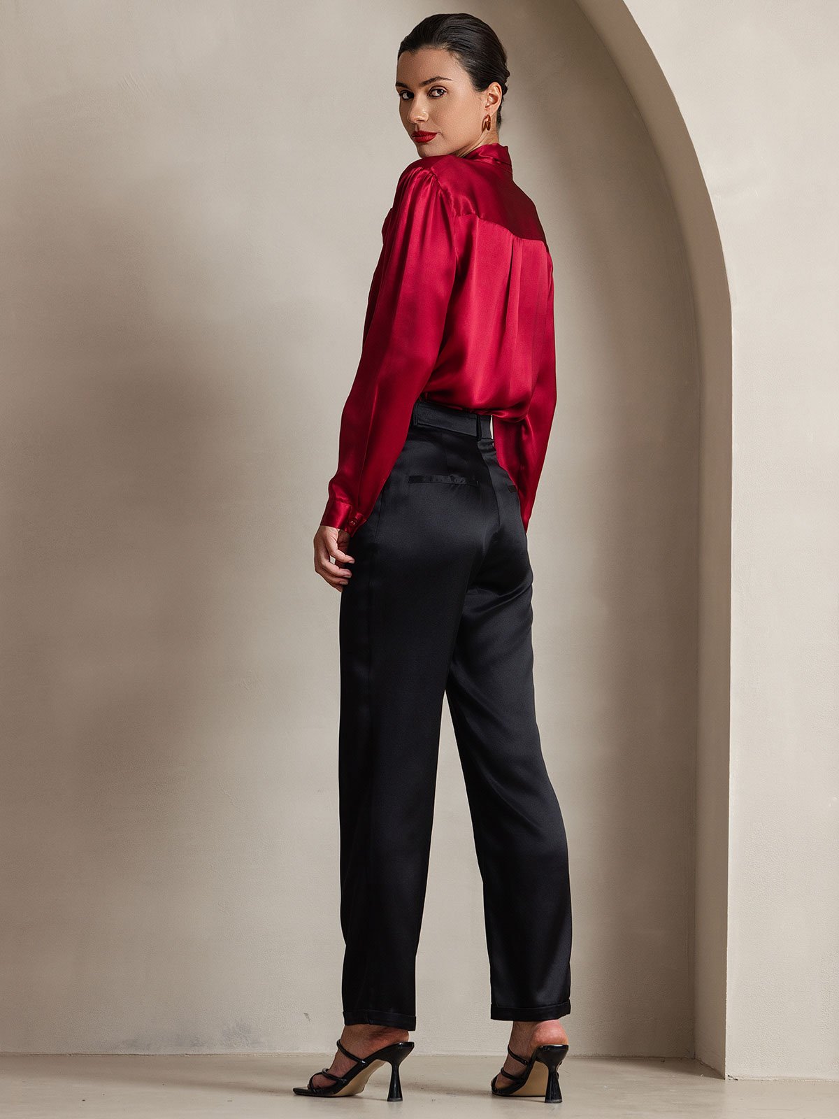[Wine] SilkSilky-CA 19Momme Silk Long Sleeve Tie Neck Women's Shirt 004