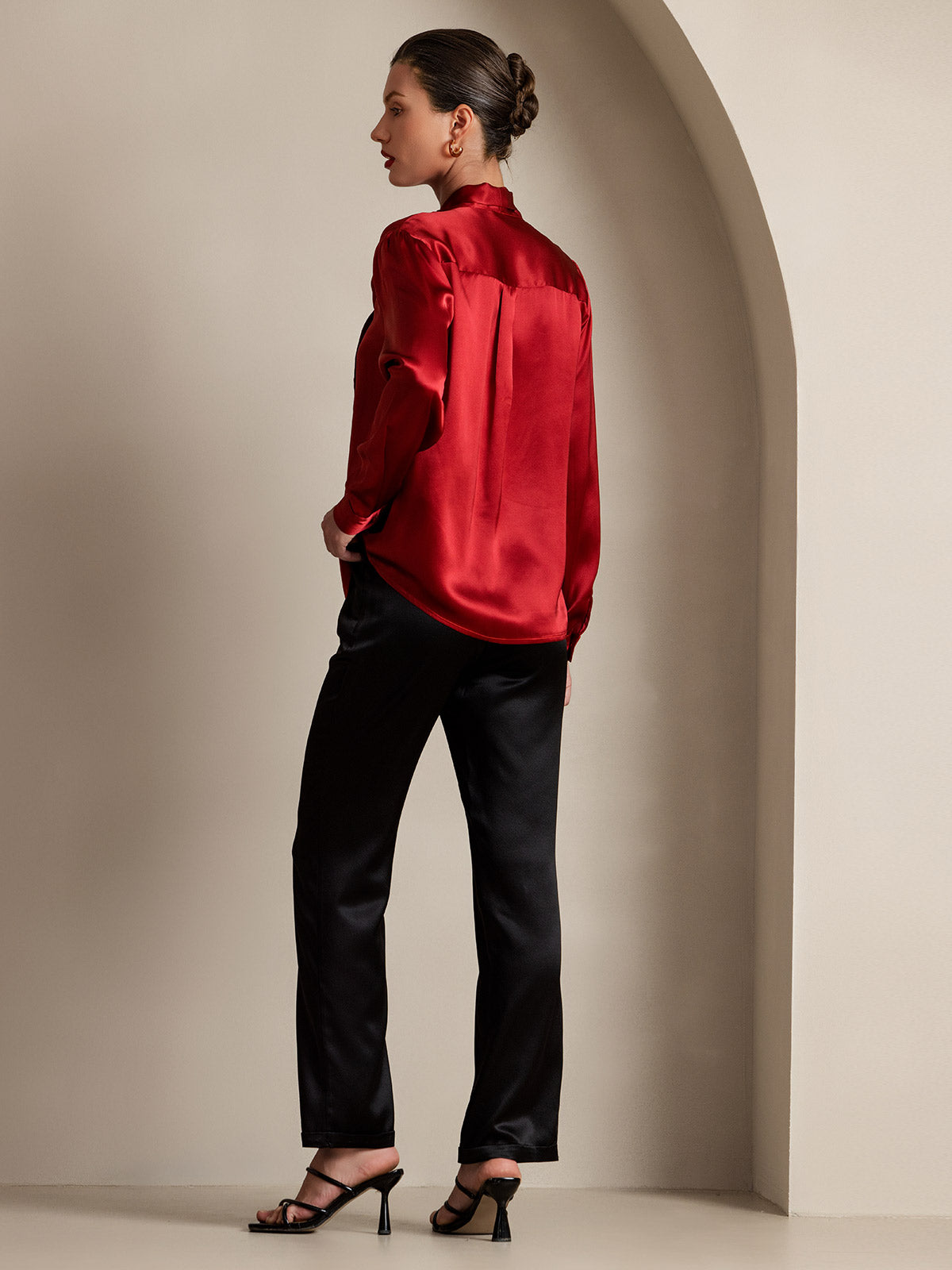 [Wine] SilkSilky-CA 19Momme Silk Long Sleeve Tie Neck Women's Shirt 004