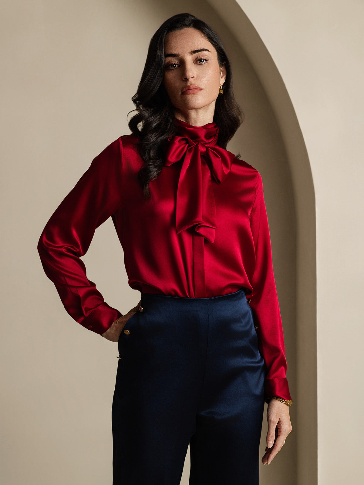 [Wine] SilkSilky-CA 19Momme Silk Long Sleeve Tie Neck Women's Shirt 005