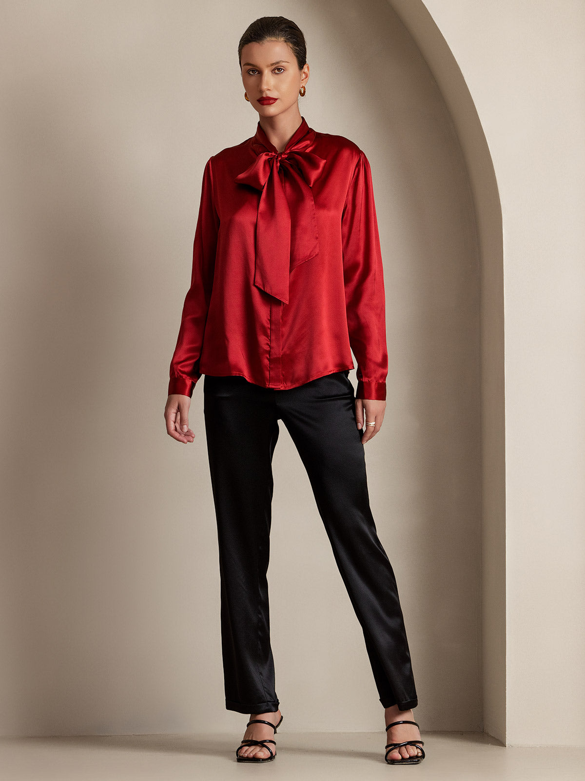 [Wine] SilkSilky-CA 19Momme Silk Long Sleeve Tie Neck Women's Shirt 005