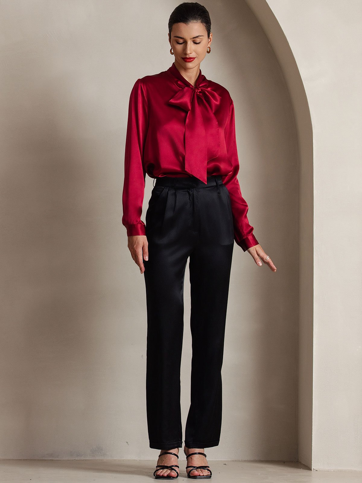 [Wine] SilkSilky-CA 19Momme Silk Long Sleeve Tie Neck Women's Shirt 005