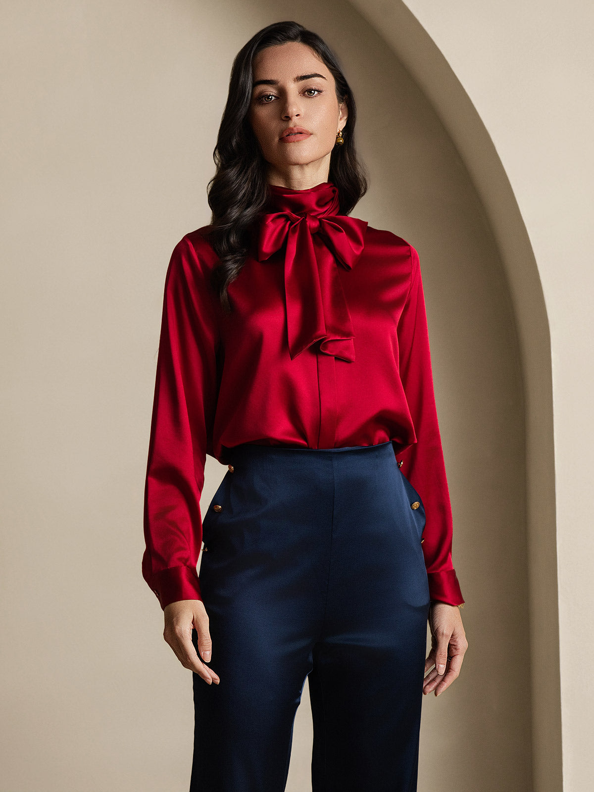 [Wine] SilkSilky-CA 19Momme Silk Long Sleeve Tie Neck Women's Shirt 006