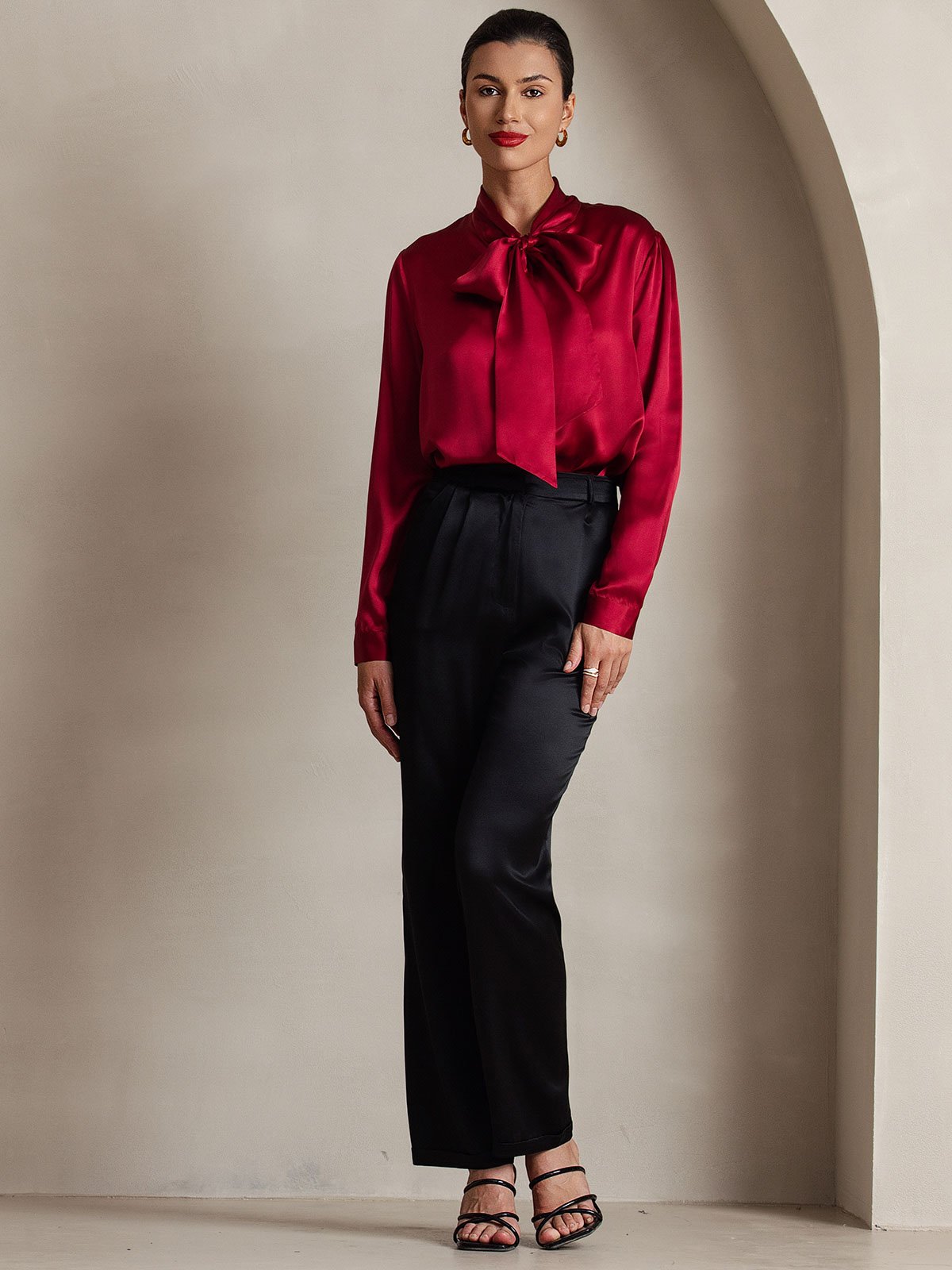 [Wine] SilkSilky-CA 19Momme Silk Long Sleeve Tie Neck Women's Shirt 006