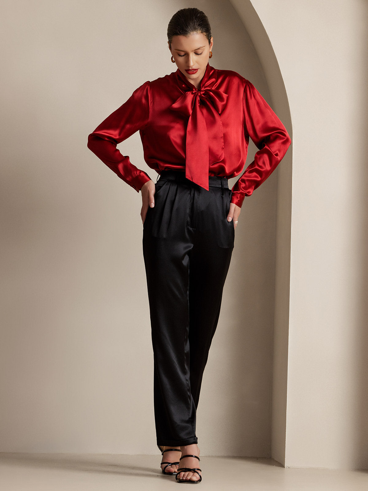 [Wine] SilkSilky-CA 19Momme Silk Long Sleeve Tie Neck Women's Shirt 007