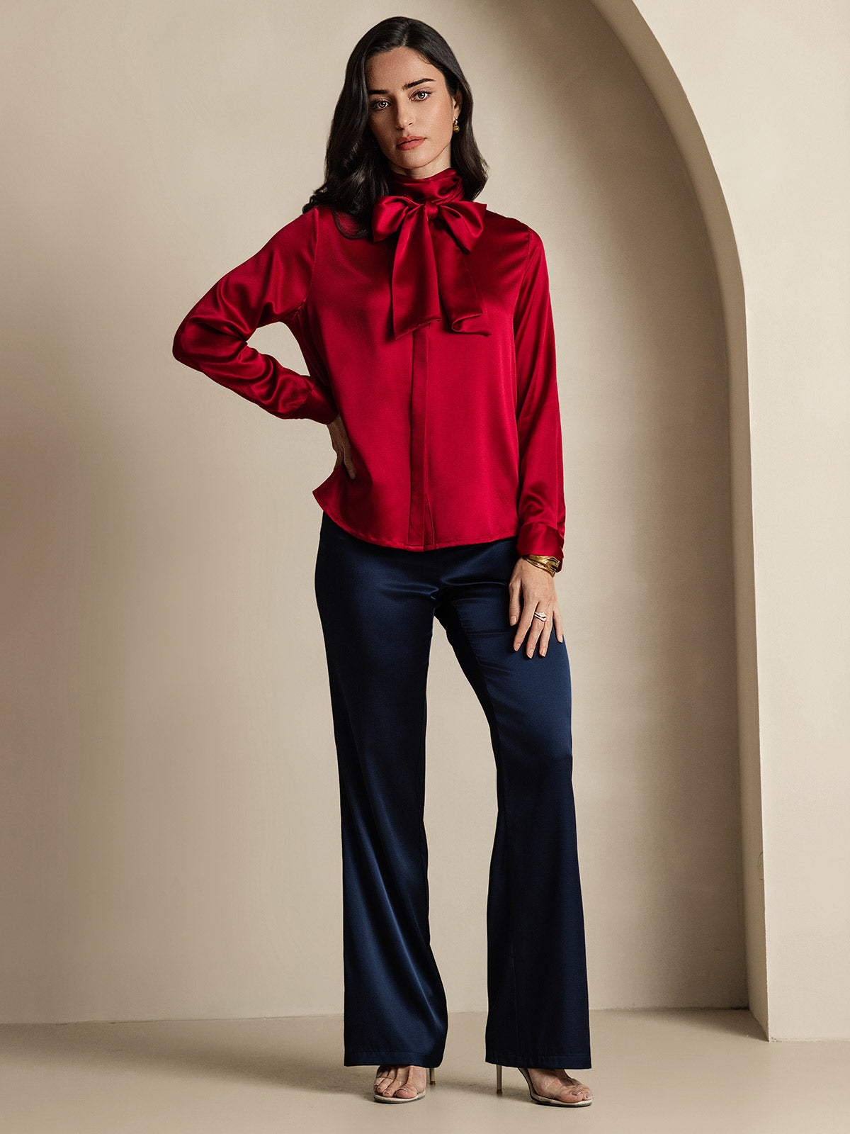 [Wine] SilkSilky-CA 19Momme Silk Long Sleeve Tie Neck Women's Shirt 008