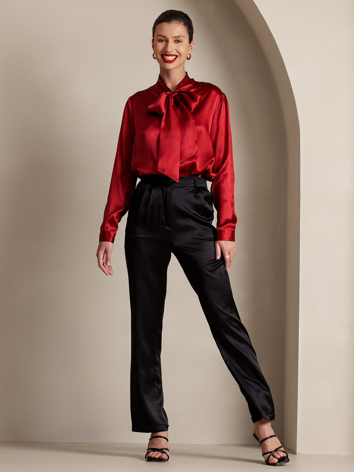[Wine] SilkSilky-CA 19Momme Silk Long Sleeve Tie Neck Women's Shirt 008
