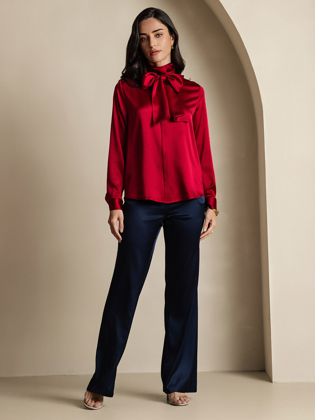 [Wine] SilkSilky-CA 19Momme Silk Long Sleeve Tie Neck Women's Shirt 009