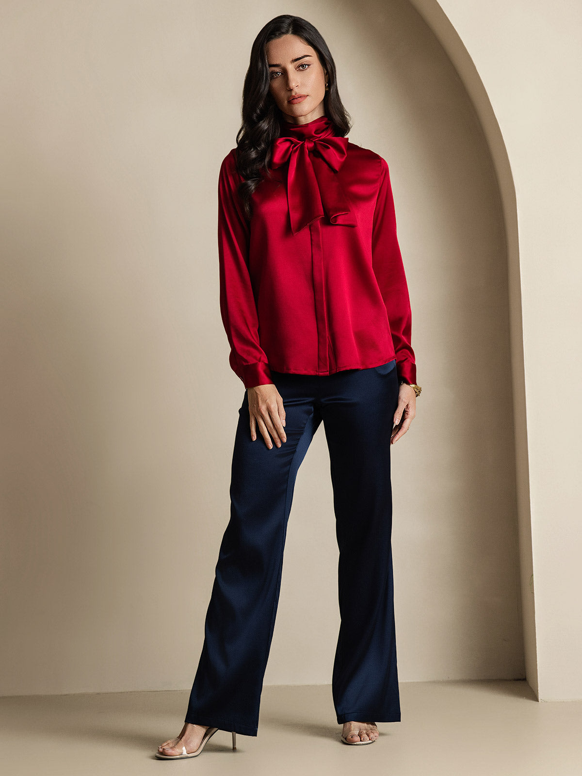 [Wine] SilkSilky-CA 19Momme Silk Long Sleeve Tie Neck Women's Shirt 010