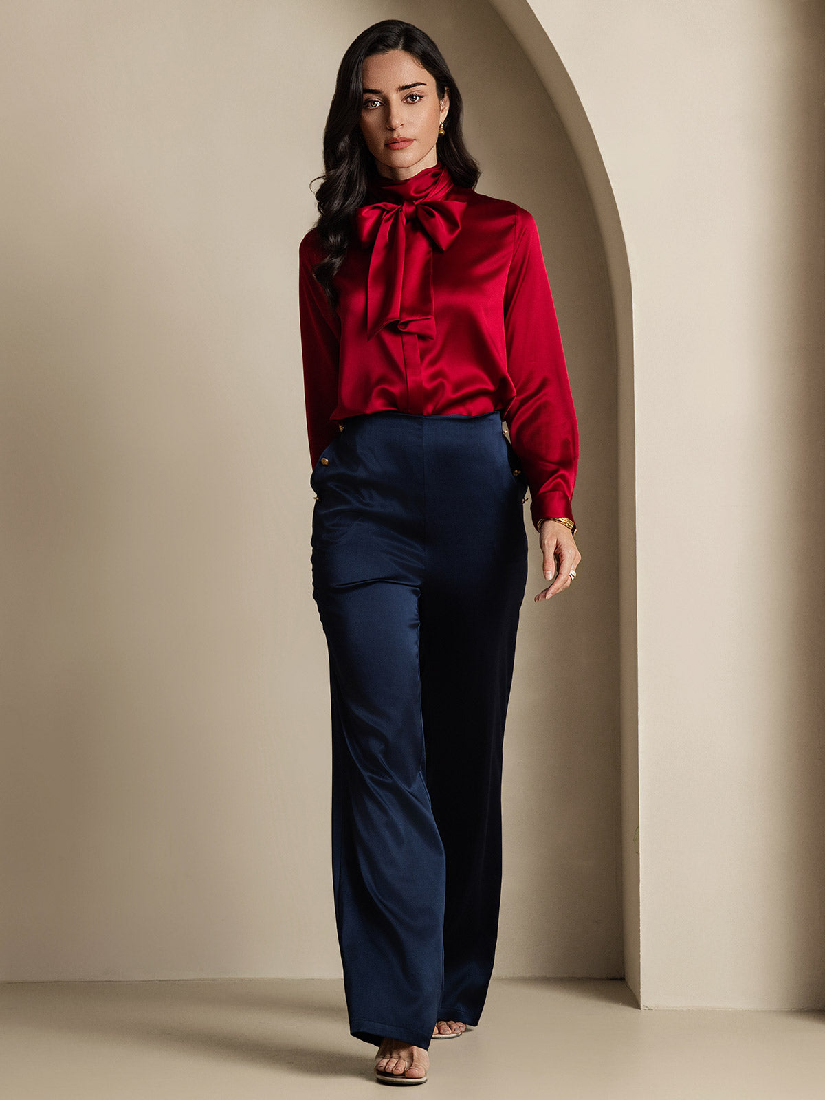 [Wine] SilkSilky-CA 19Momme Silk Long Sleeve Tie Neck Women's Shirt 011