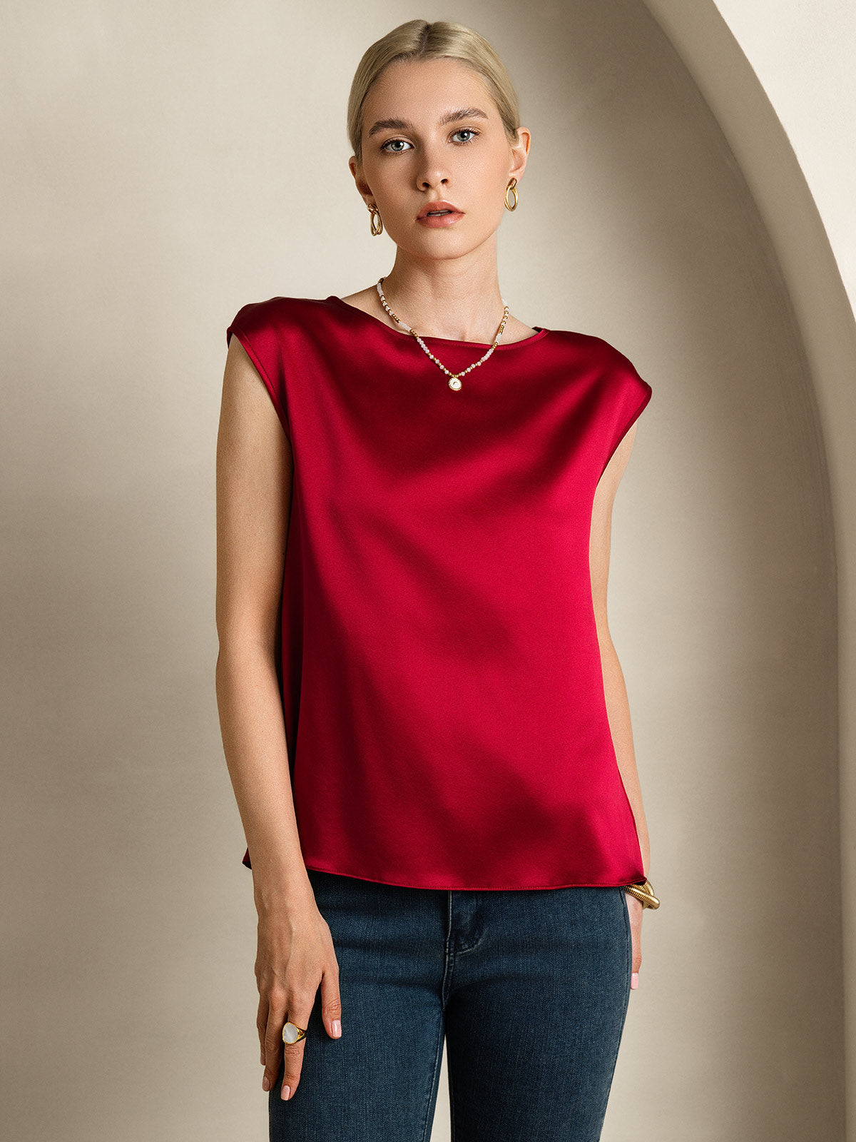 [Wine] SilkSilky-CA 19Momme Silk Sleeveless Round Neck Women's T-Shirt 001
