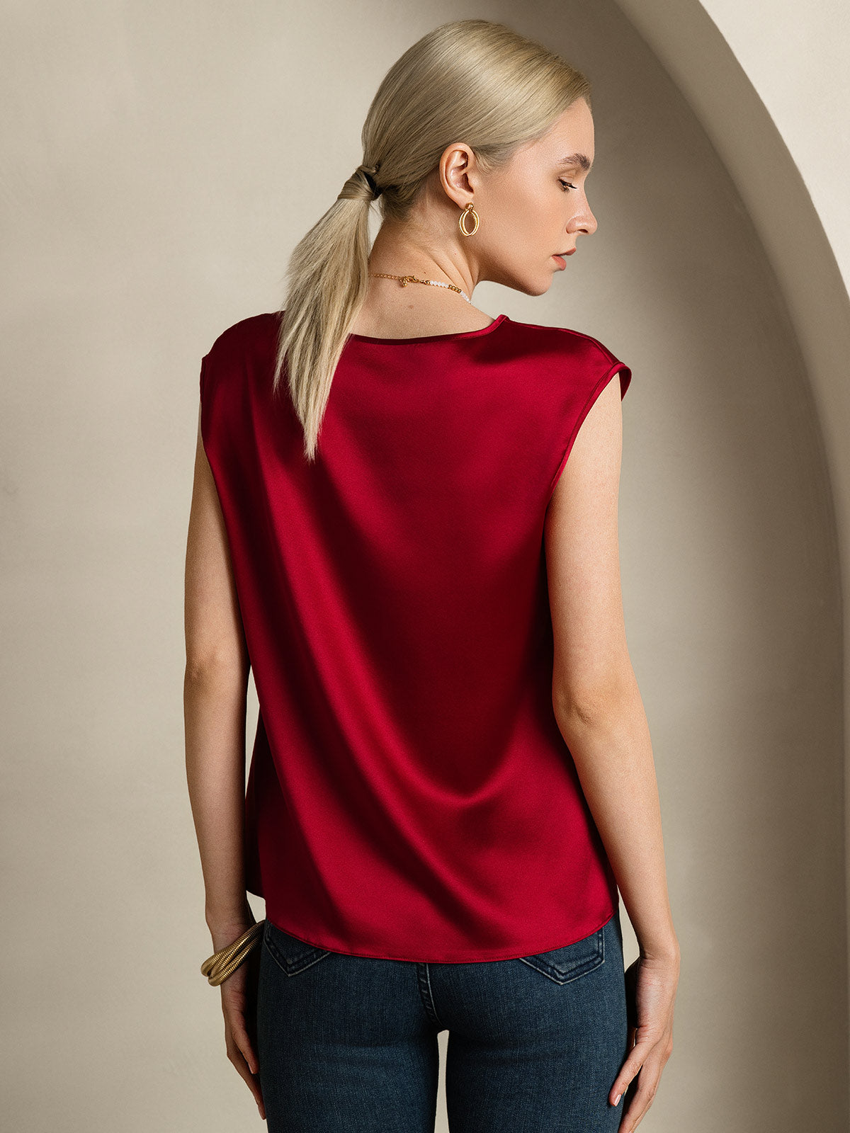 [Wine] SilkSilky-CA 19Momme Silk Sleeveless Round Neck Women's T-Shirt 002
