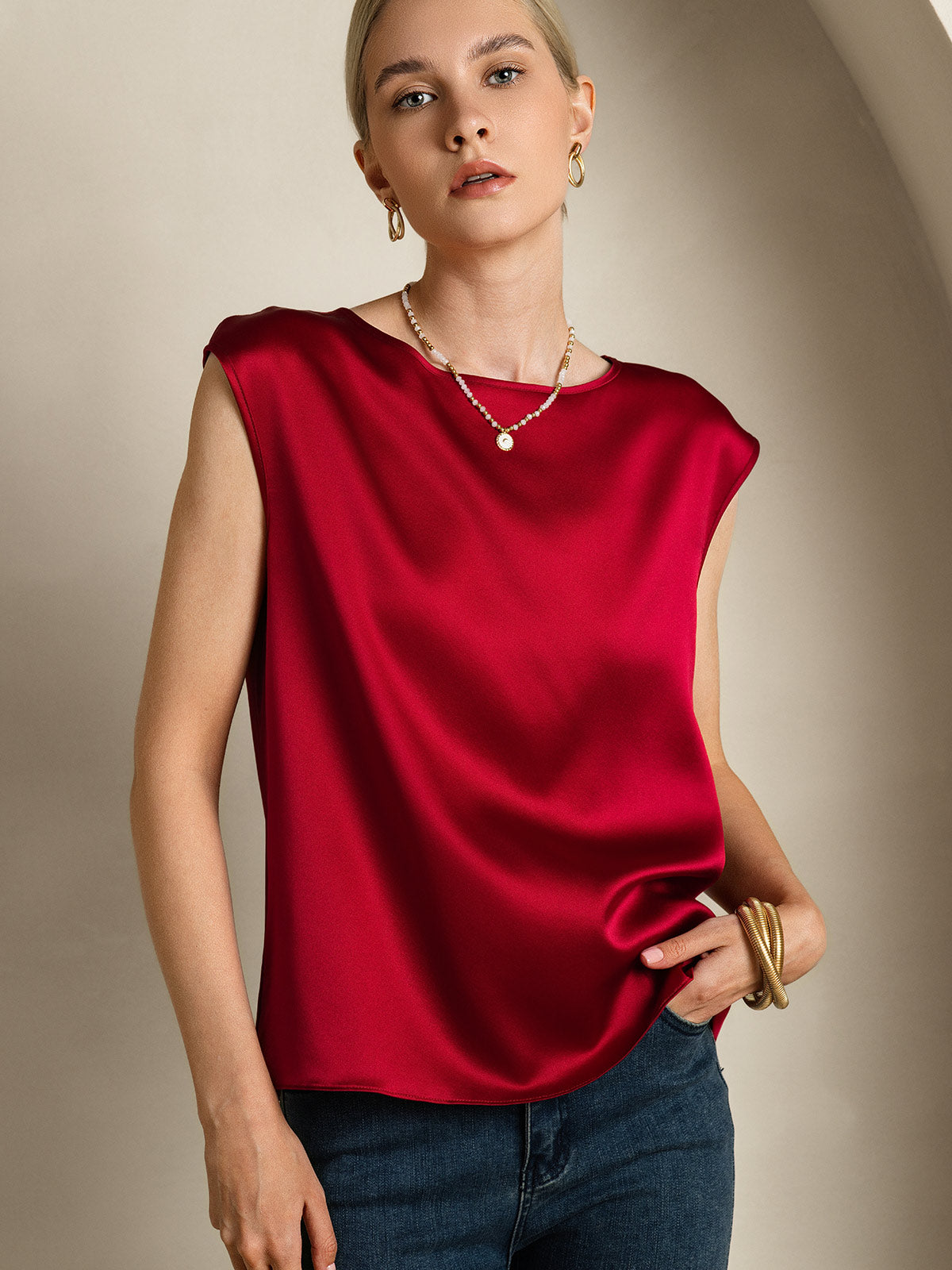 [Wine] SilkSilky-CA 19Momme Silk Sleeveless Round Neck Women's T-Shirt 003