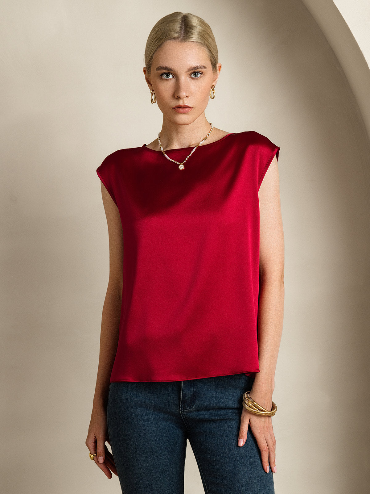 [Wine] SilkSilky-CA 19Momme Silk Sleeveless Round Neck Women's T-Shirt 004