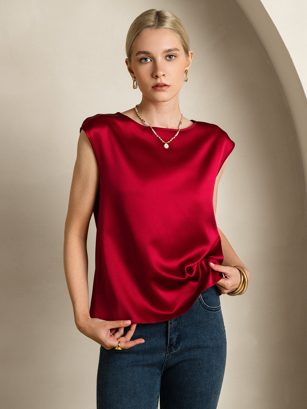 [Wine] SilkSilky-CA 19Momme Silk Sleeveless Round Neck Women's T-Shirt 005