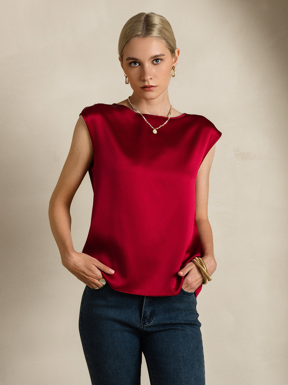 [Wine] SilkSilky-CA 19Momme Silk Sleeveless Round Neck Women's T-Shirt 006
