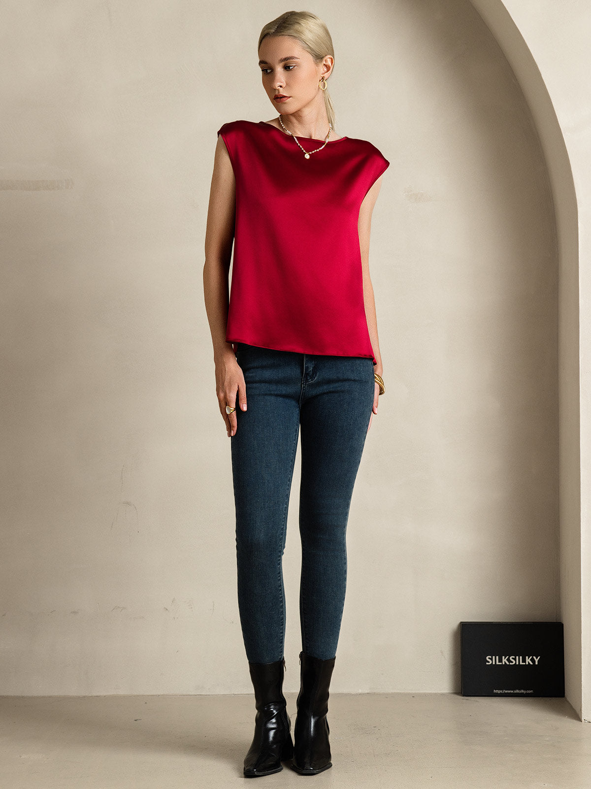 [Wine] SilkSilky-CA 19Momme Silk Sleeveless Round Neck Women's T-Shirt 007