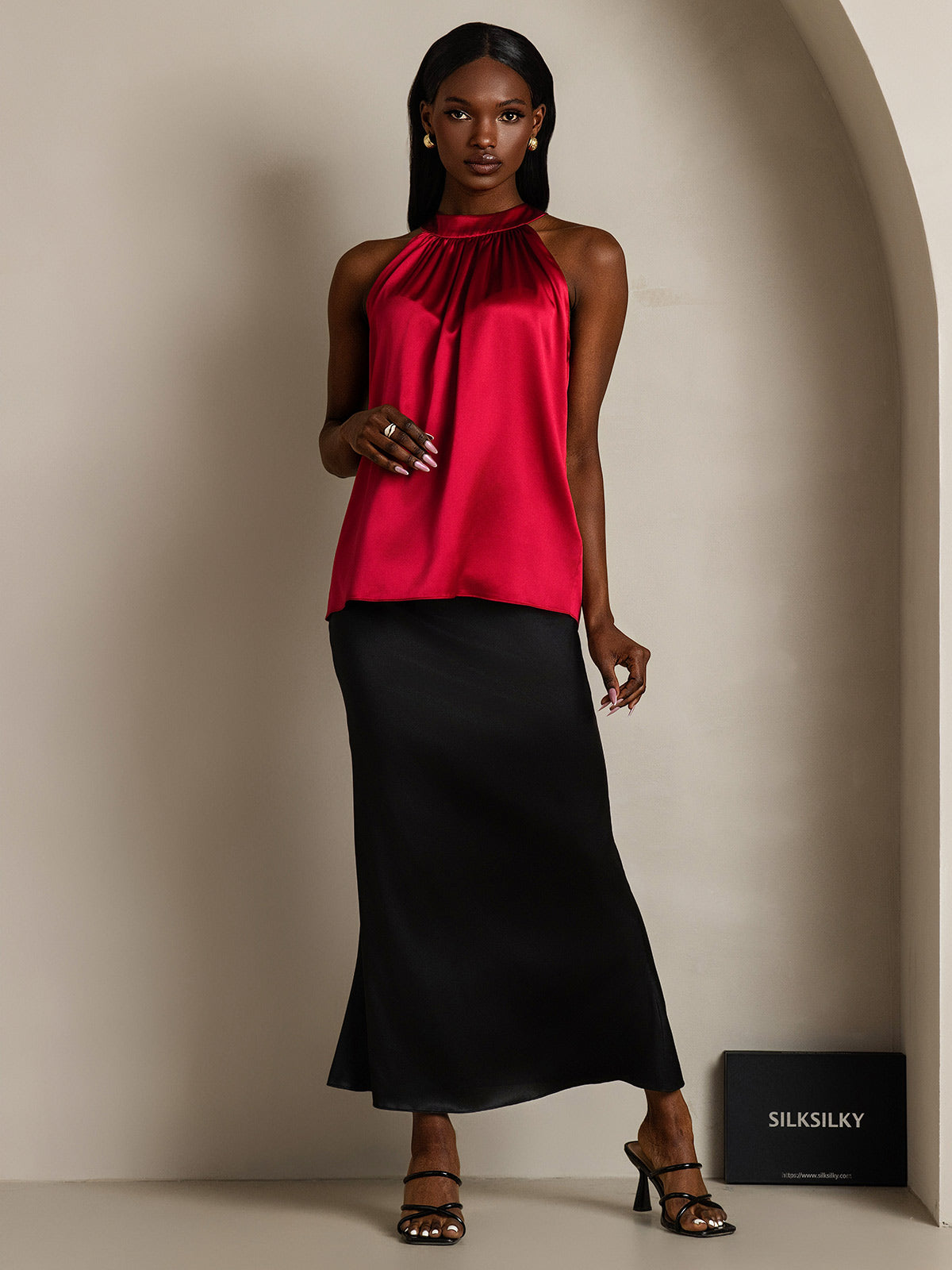 [Wine] SilkSilky-CA 19Momme Silk Sleeveless Womens T-Shirt 001