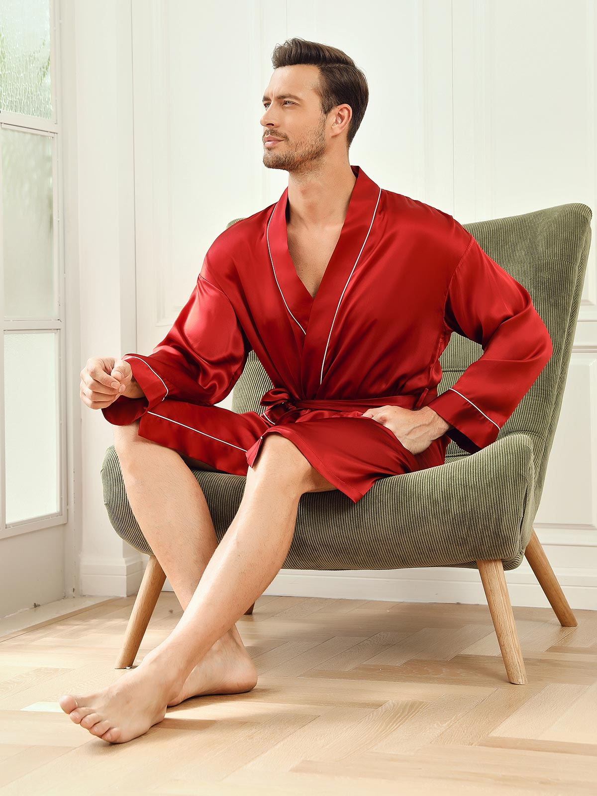 [Wine] SilkSilky-CA Pure Silk 3/4 Sleeve Mens Robe 006