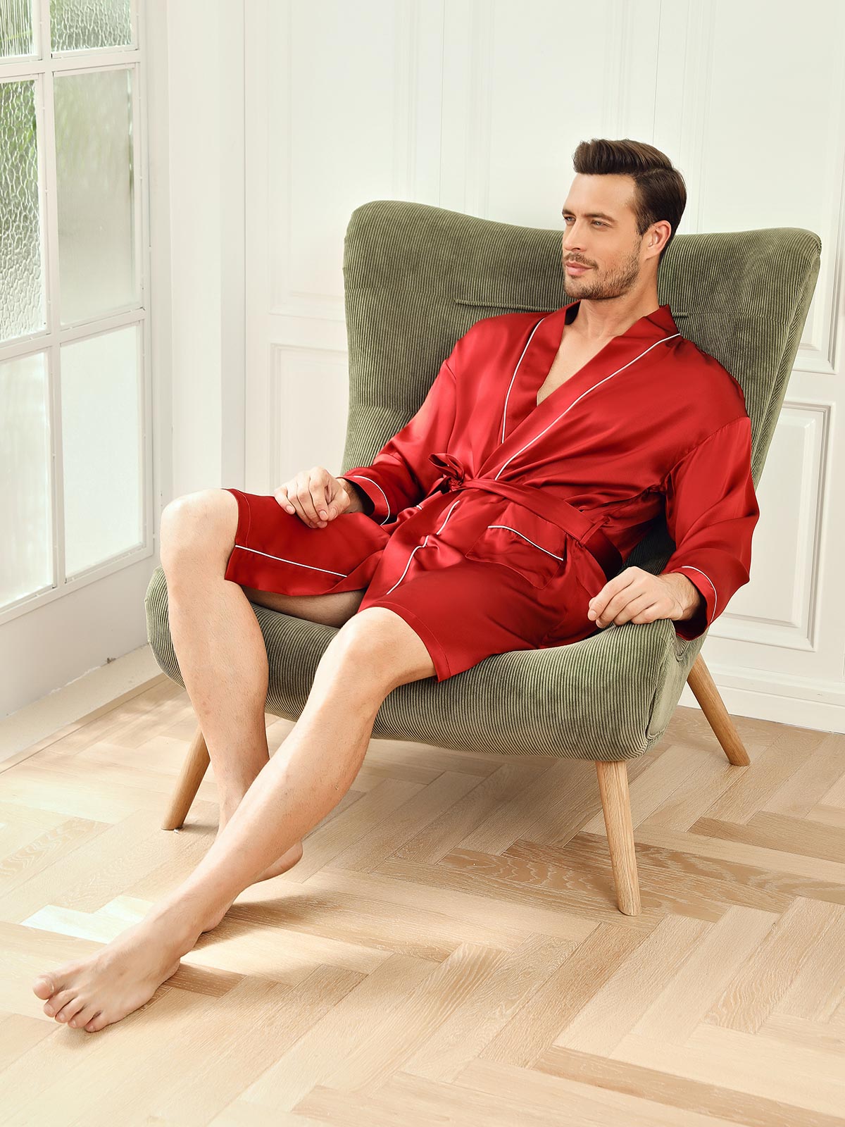 [Wine] SilkSilky-CA Pure Silk 3/4 Sleeve Mens Robe 007