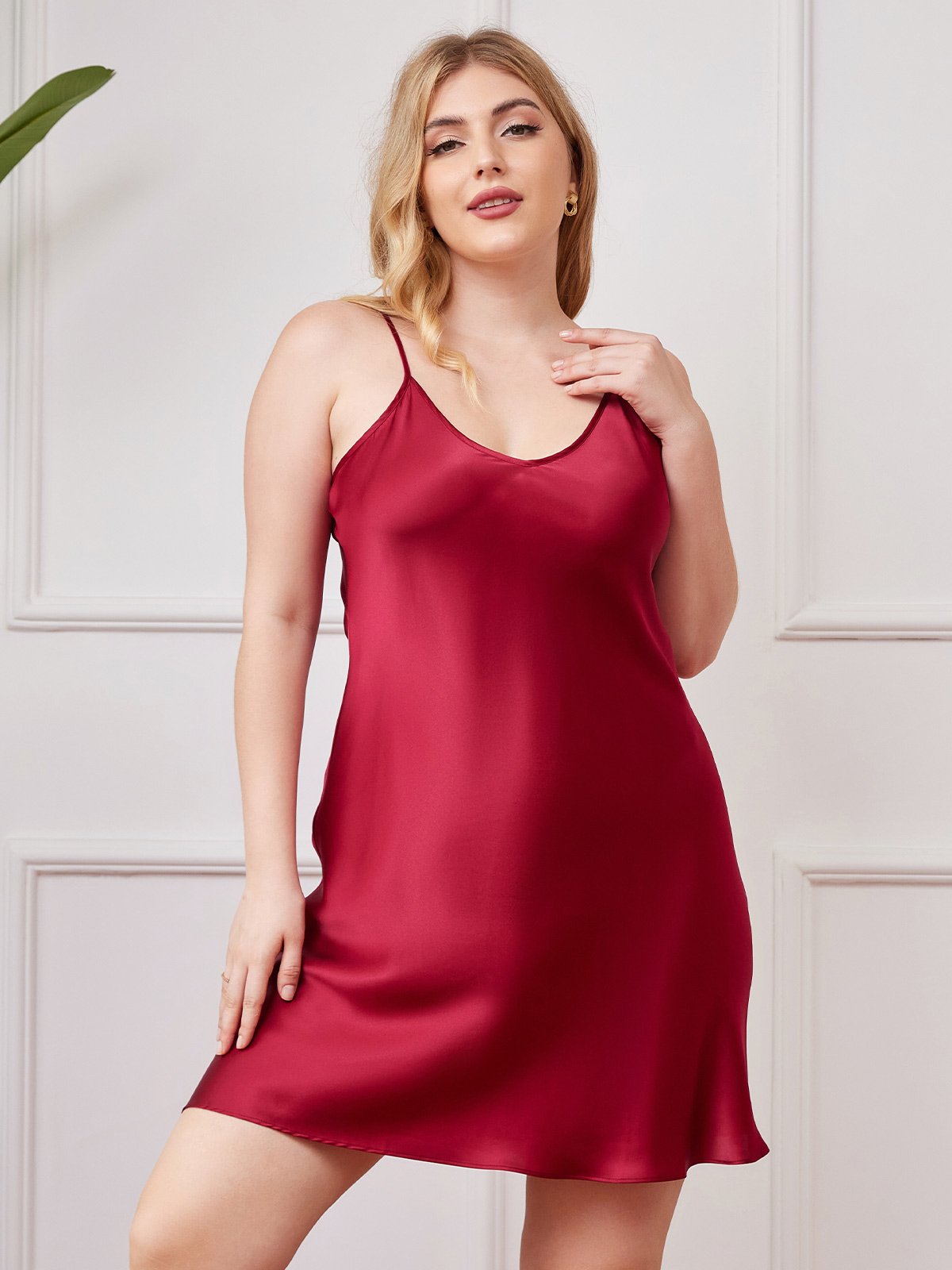 [Wine] SilkSilky-CA Pure Silk Deep V Neck Plus Size Dress 001