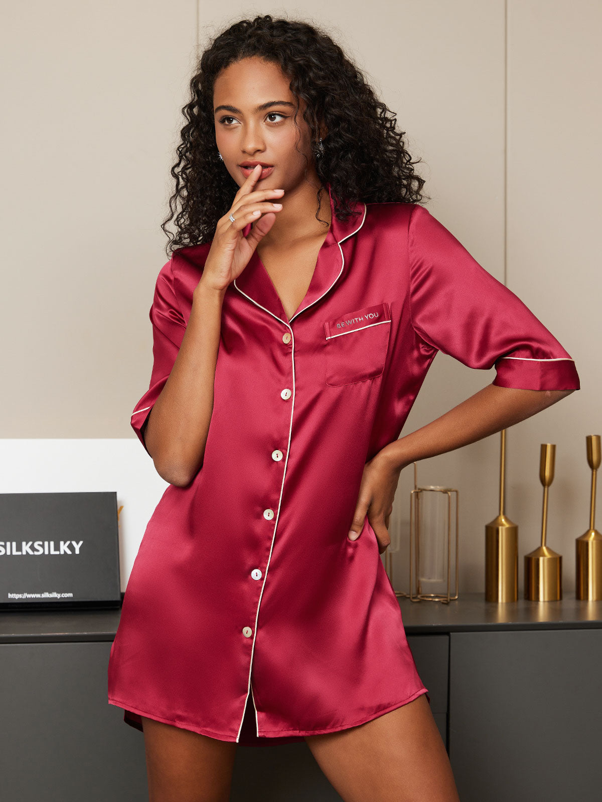 [Wine] SilkSilky-CA Pure Silk Half Sleeve Lapel Nightshirt 001