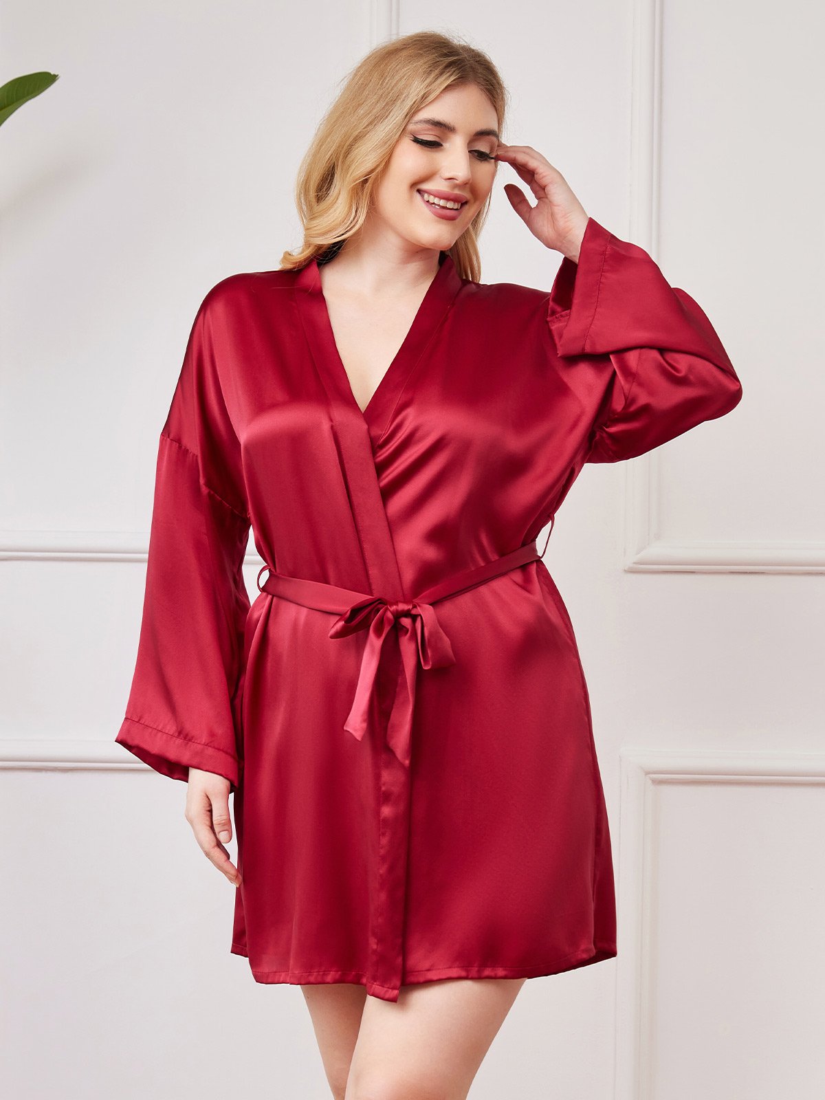 [Wine] SilkSilky-CA Pure Silk Long Sleeve Deep V Neck Plus Size Robe 001