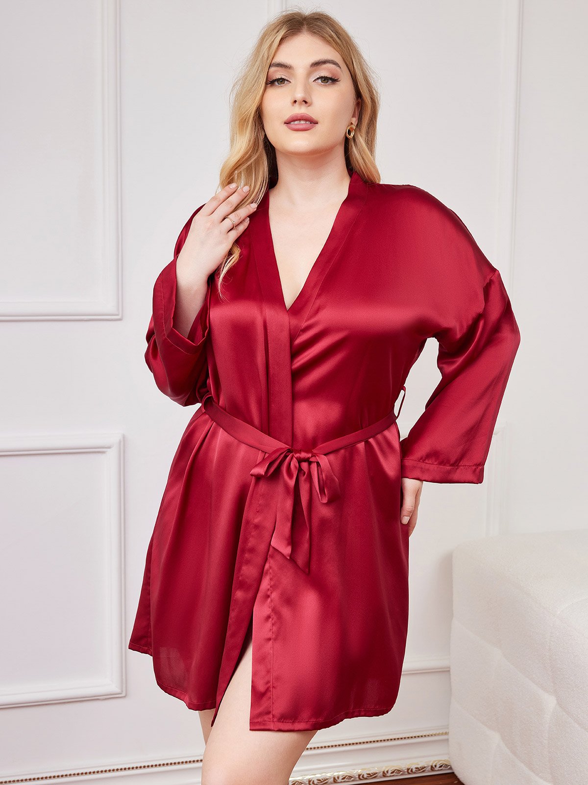 [Wine] SilkSilky-CA Pure Silk Long Sleeve Deep V Neck Plus Size Robe 004