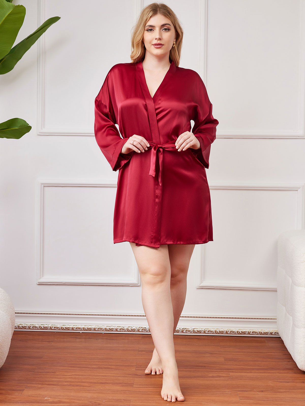 [Wine] SilkSilky-CA Pure Silk Long Sleeve Deep V Neck Plus Size Robe 006