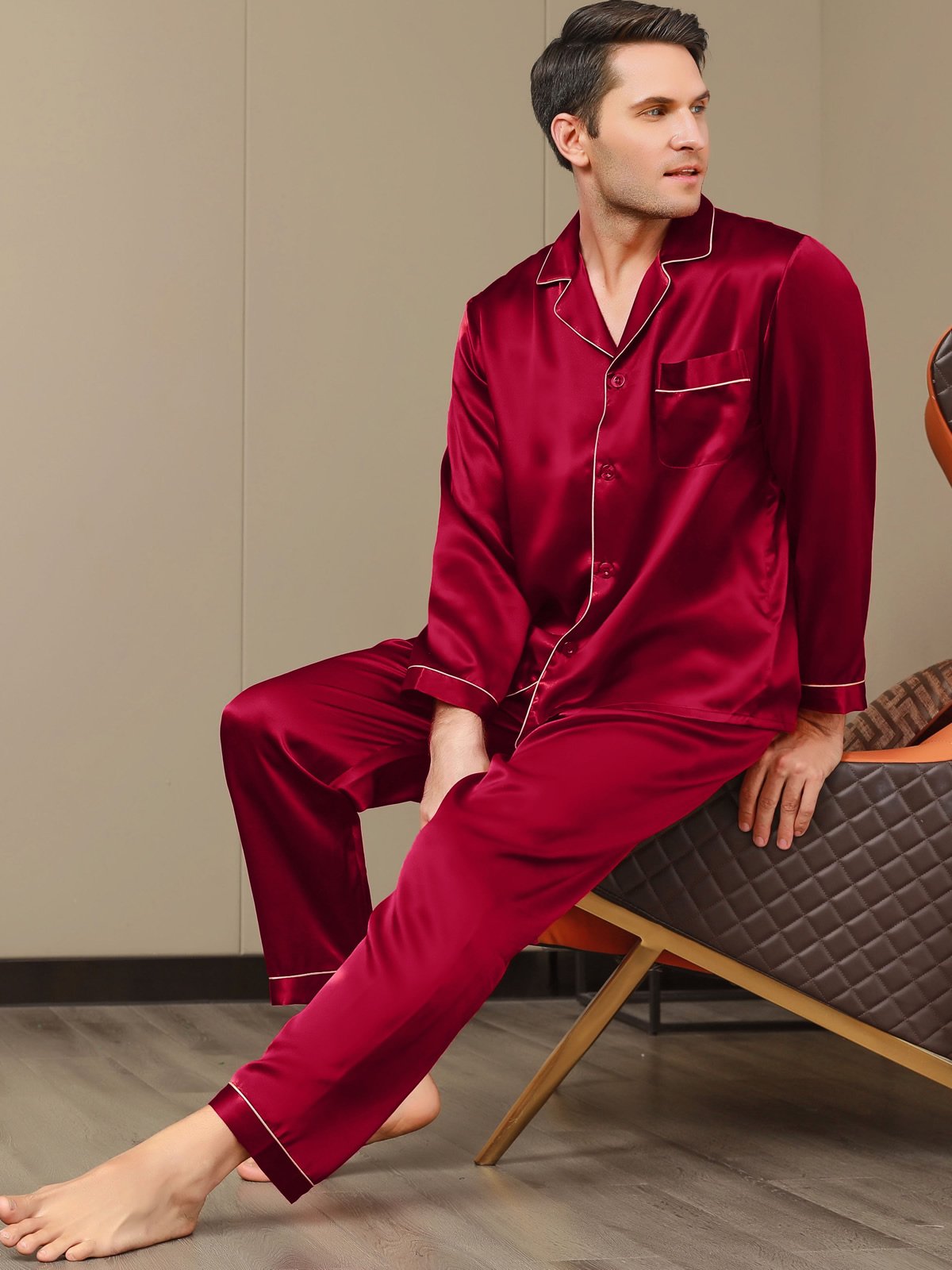 [Wine] SilkSilky-CA Pure Silk Long Sleeve Lapel Men's Pajamas 001