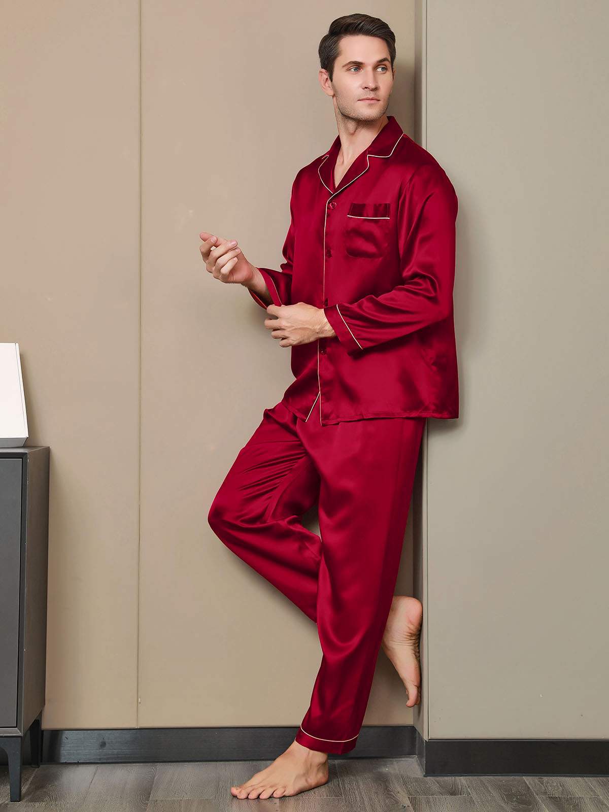 [Wine] SilkSilky-CA Pure Silk Long Sleeve Lapel Men's Pajamas 002