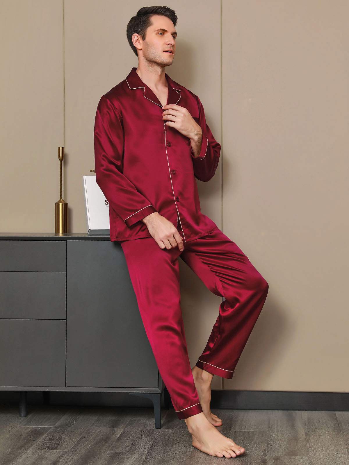 [Wine] SilkSilky-CA Pure Silk Long Sleeve Lapel Men's Pajamas 003