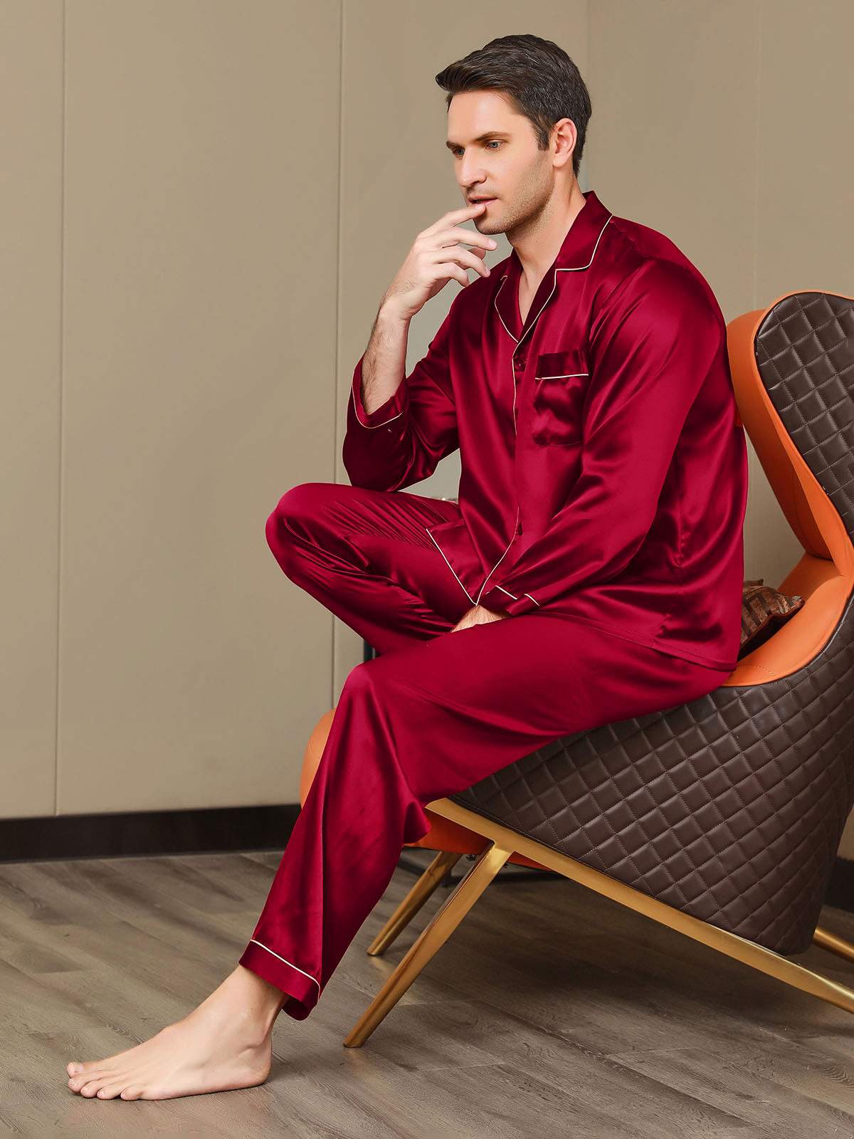 [Wine] SilkSilky-CA Pure Silk Long Sleeve Lapel Men's Pajamas 005